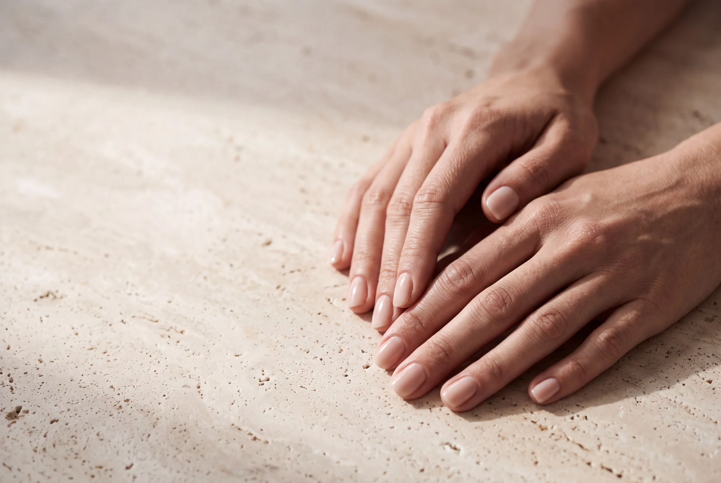 Mani con manicure nude su pietra chiara